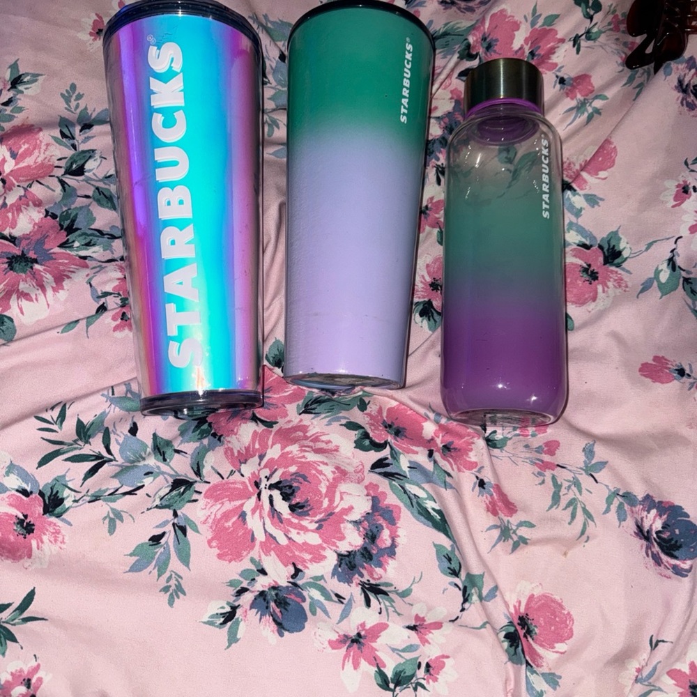 Starbucks Iridescent Pink & Green Gradient Tumbler and Bottle Trio